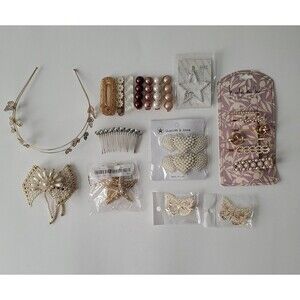 23-PC Hair Accessory Lot Gold Pearl Stars Butterfly Barrettes Clips Headbands